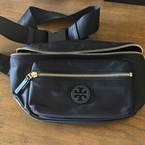 Tory Burch Black Nylon Belt Bag with Gold Zippers